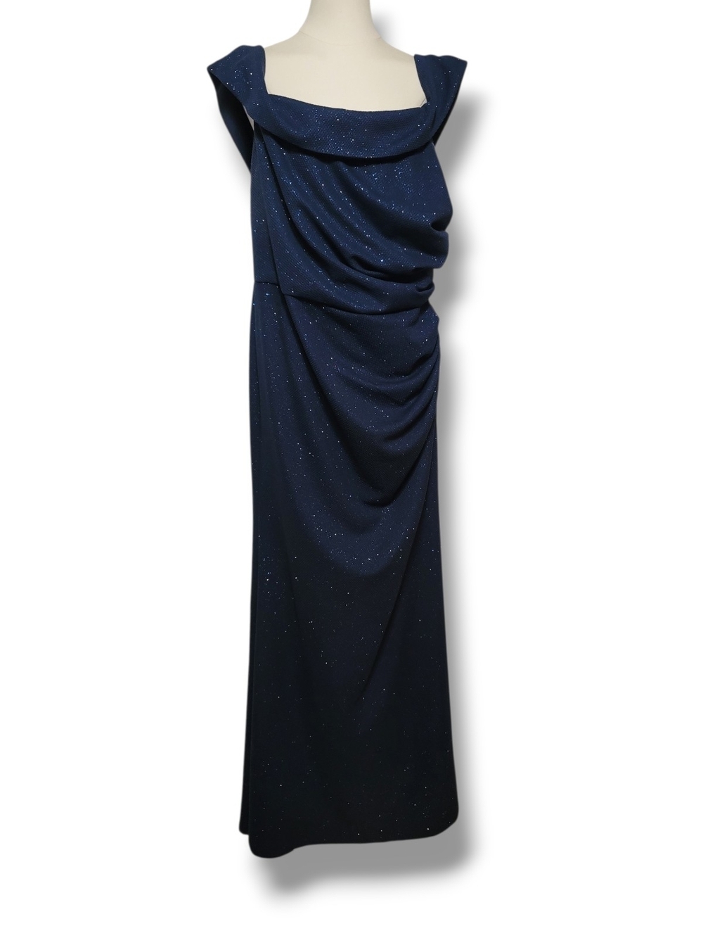 OLEG CASSINI - 16W Sparkle Navy Draped Evening Gown